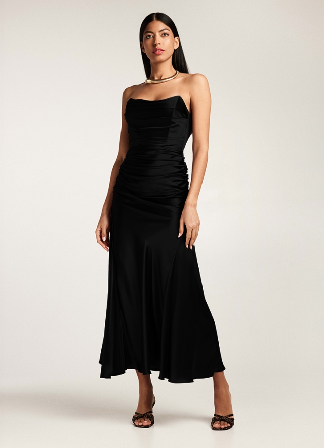 Rochie neagra midi din matase satinata cu drapaje si corset ajustabil Volta