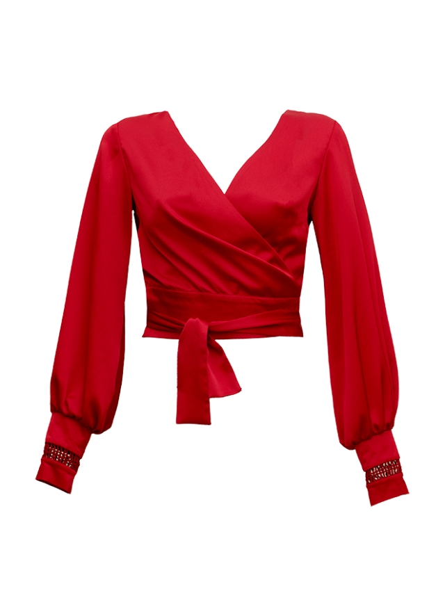 Bluza rosie din matase parte peste parte cu detalii crosetate Wrap 