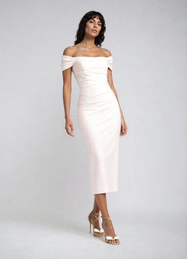 Rochie midi alba din lyocell cu drapaje Zeya