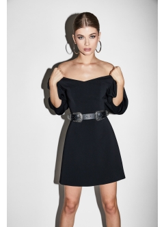Rochie cocktail scurta neagra cu maneci bufante si fusta in A Dove 