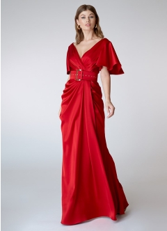 Rochie lunga de seara rosie din satin cu drapaje si maneci fluture Opera 