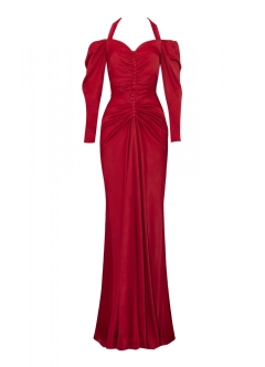 Rochie lunga de seara rosie din satin cu maneci lungi si bretele de dupa gat Castello 