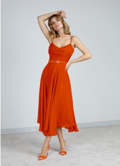 Rochie cocktail midi portocalie din voal de matase cu decolteu in V si drapaj Maia