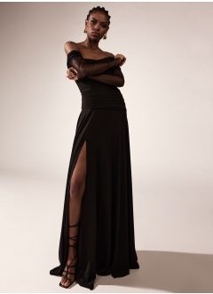 Rochie de seara lunga neagra din matase cu maneci lungi din tulle de matase si corset Tundra 