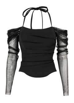 Corset negru din lana cu drapaj si maneci lungi din tulle de matase Stark