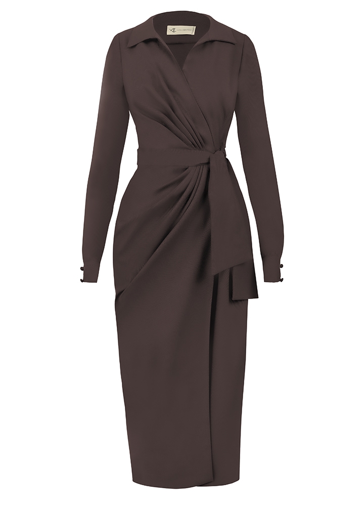 Rochie petrecuta tip camasa midi maro cu maneci lungi si drapaje  Margot