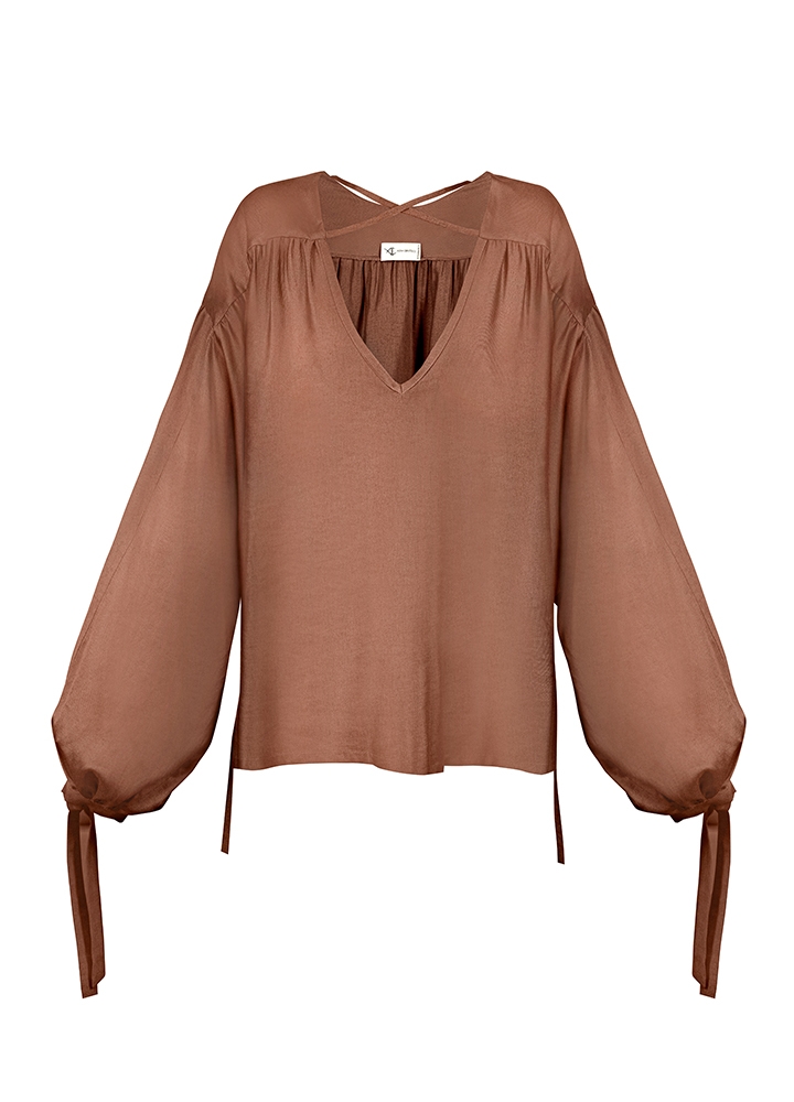 Bluza maro cu maneci largi din lyocell Sable