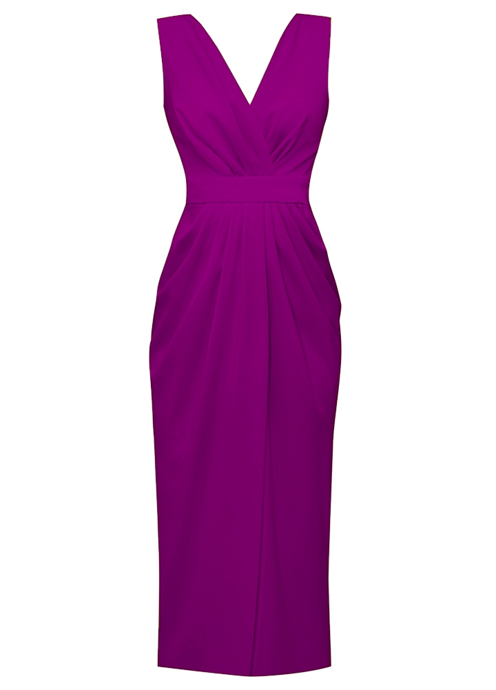Rochie cocktail midi magenta cu drapaje Alaya