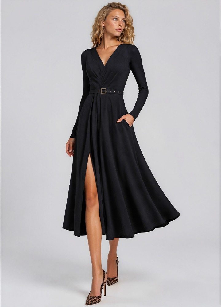 Rochie cocktail midi neagra cu decolteu in V si drapaje Alessi