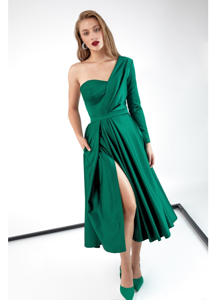 Rochie de seara midi verde cu drapaje si o maneca lunga Marquise 