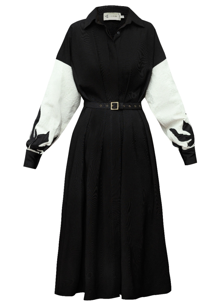 Rochie camasa midi neagra din vascoza cu maneci lungi din in cu broderie Zelia