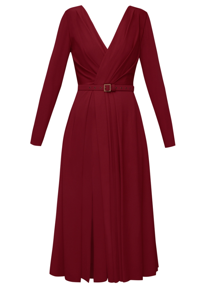 Rochie cocktail midi rosie cu decolteu in V si drapaje Alessi