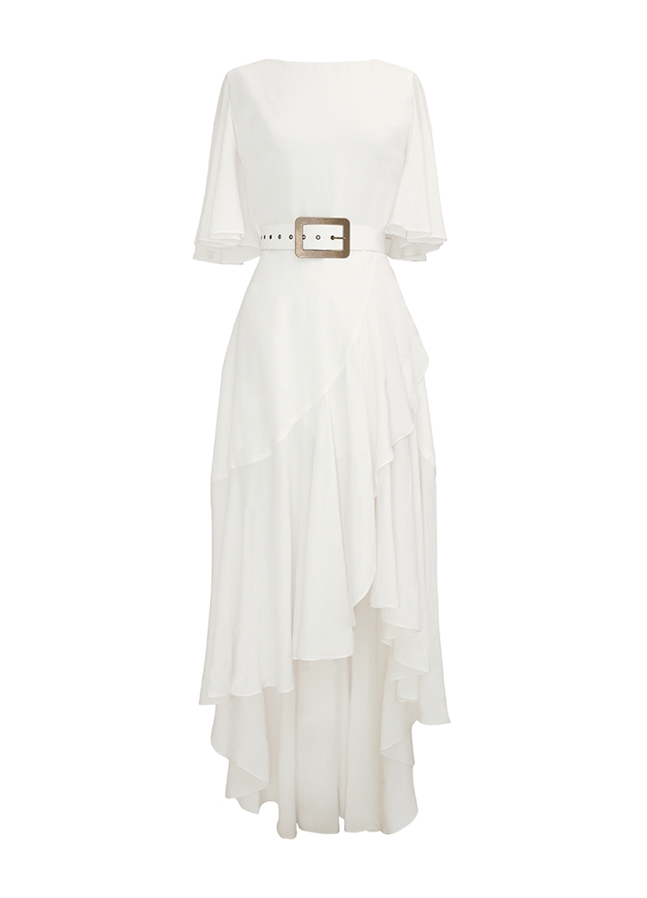 Rochie midi alba din in cu maneci clopot si fusta asimetrica cu volane Bliss