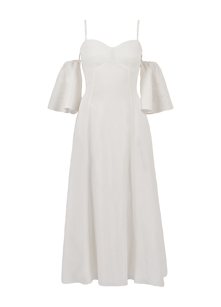 Rochie midi alba din vascoza si in cu maneci detasabile si corset ajustabil cu funda Cupid