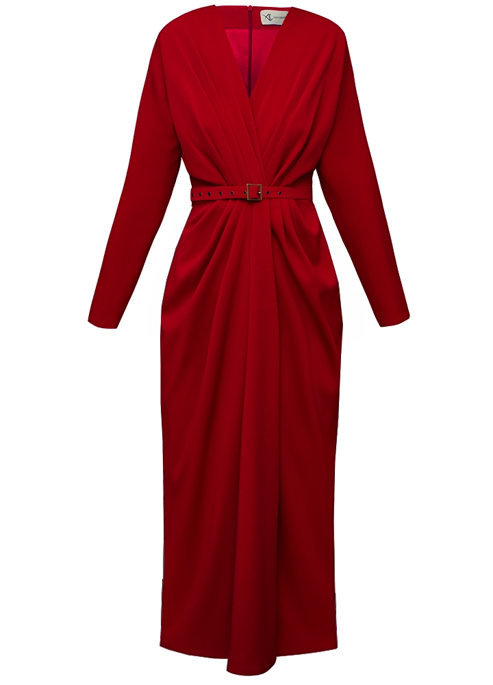 Rochie midi rosie drapata cu curea textila Amaris