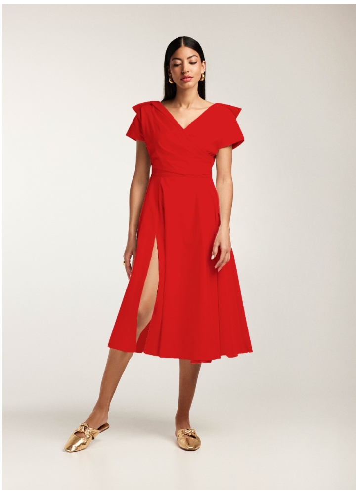 Rochie midi rosie din bumbac cu decolteu in V si slit pe picior Angola