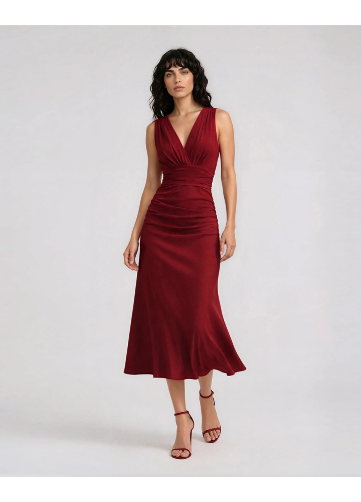 Rochie midi cocktail rosie cu drapaje pe bust si fusta Zaria