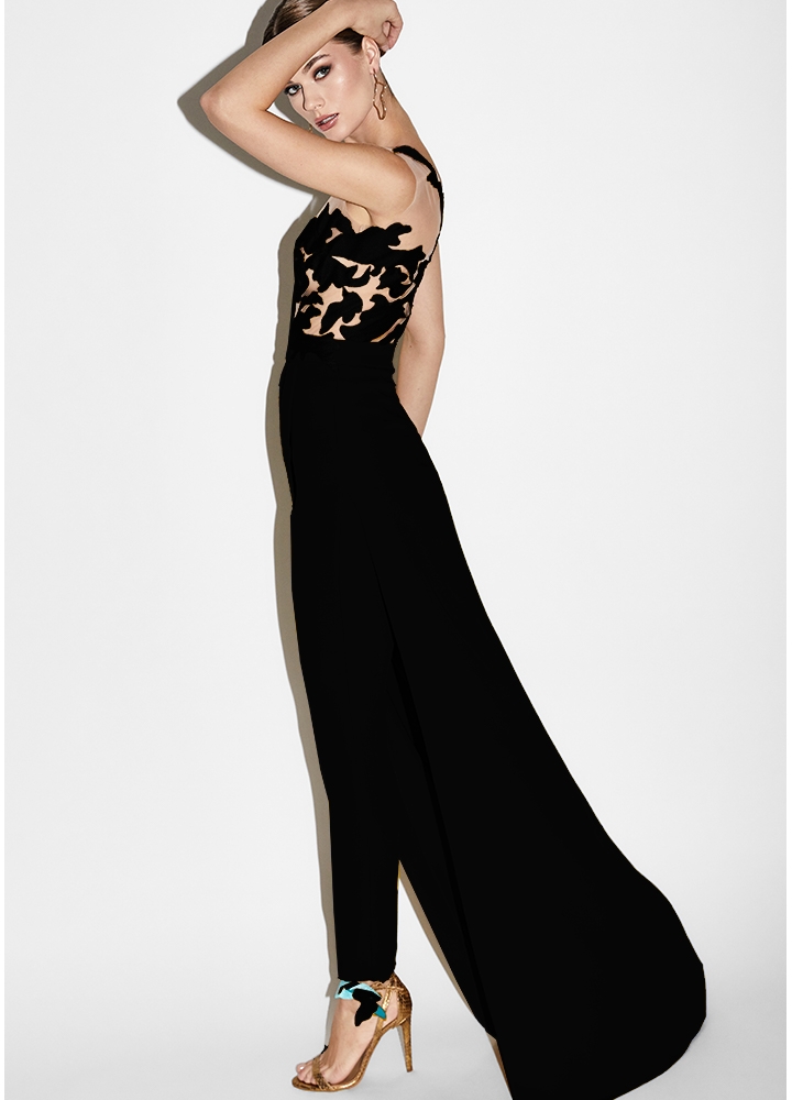 Salopeta cocktail neagra cu fusta si broderii Chameleon