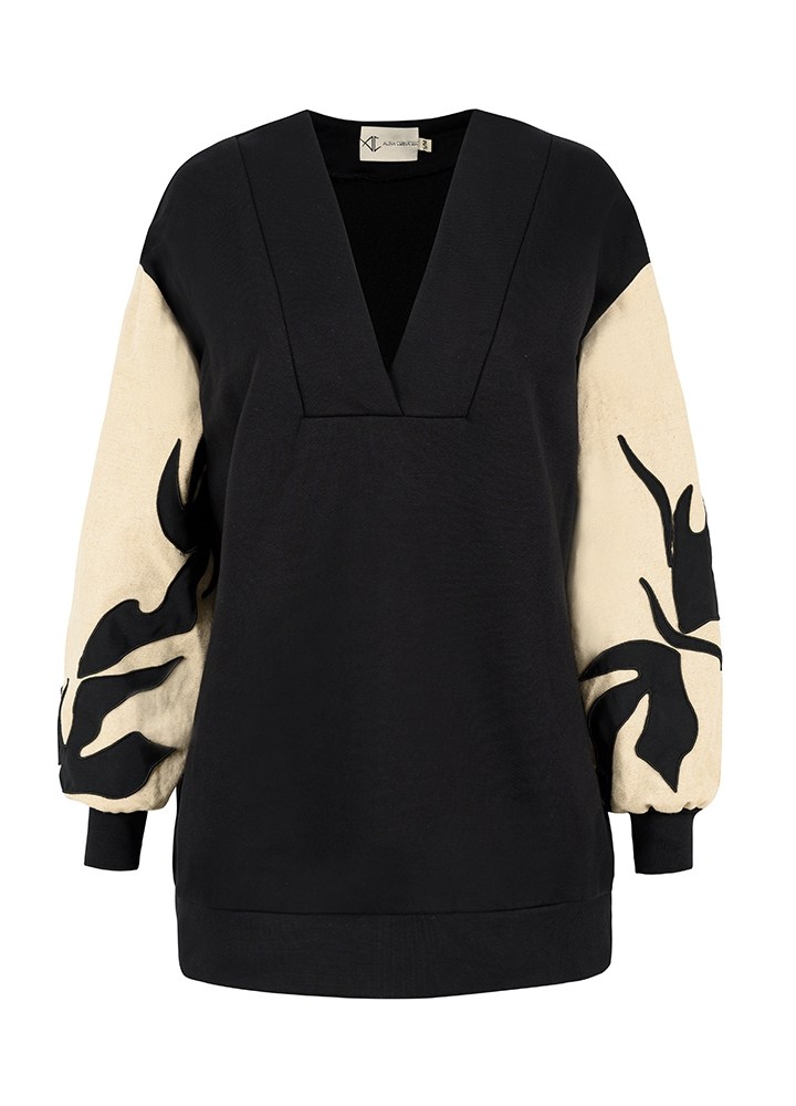 Bluza neagra din bumbac cu decolteu in V si maneci din in cu broderii Dawn