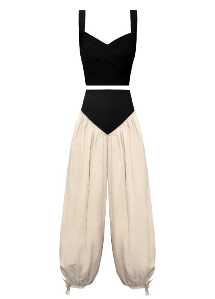 Set bej si negru din bumbac  format din top cu bretele si pantaloni balon Elyra