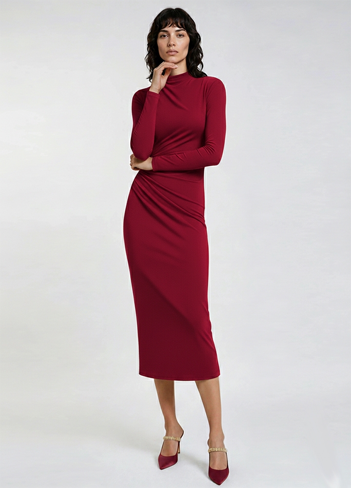 Rochie bodycon rosu inchis din lyocell cu drapaje Kaira