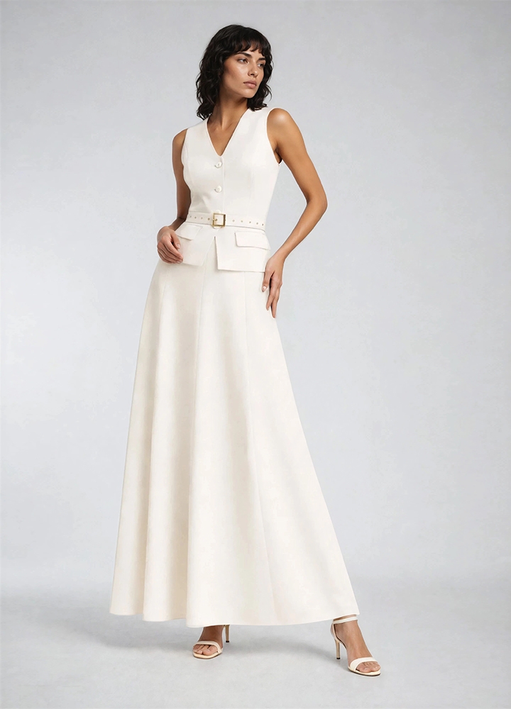 Set alb ivoire format din vesta si fusta lunga in clini Kalista