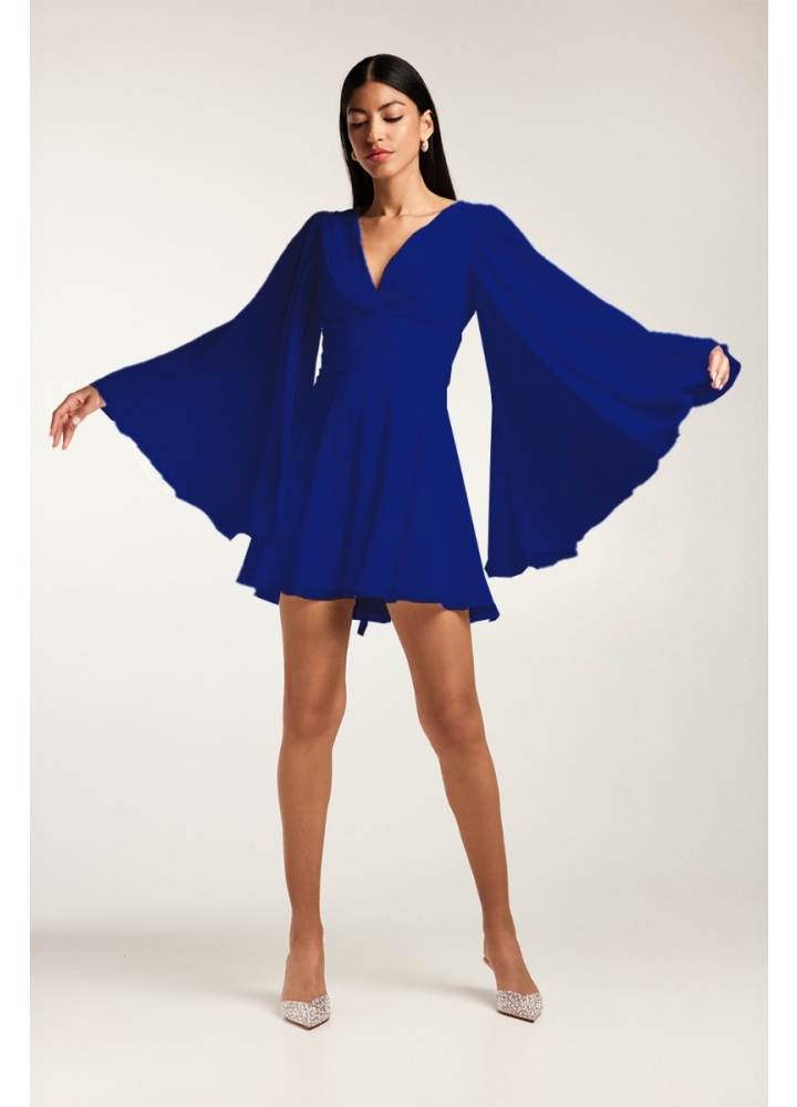 Rochie albastra scurta din matase naturala cu maneci lungi Locarno