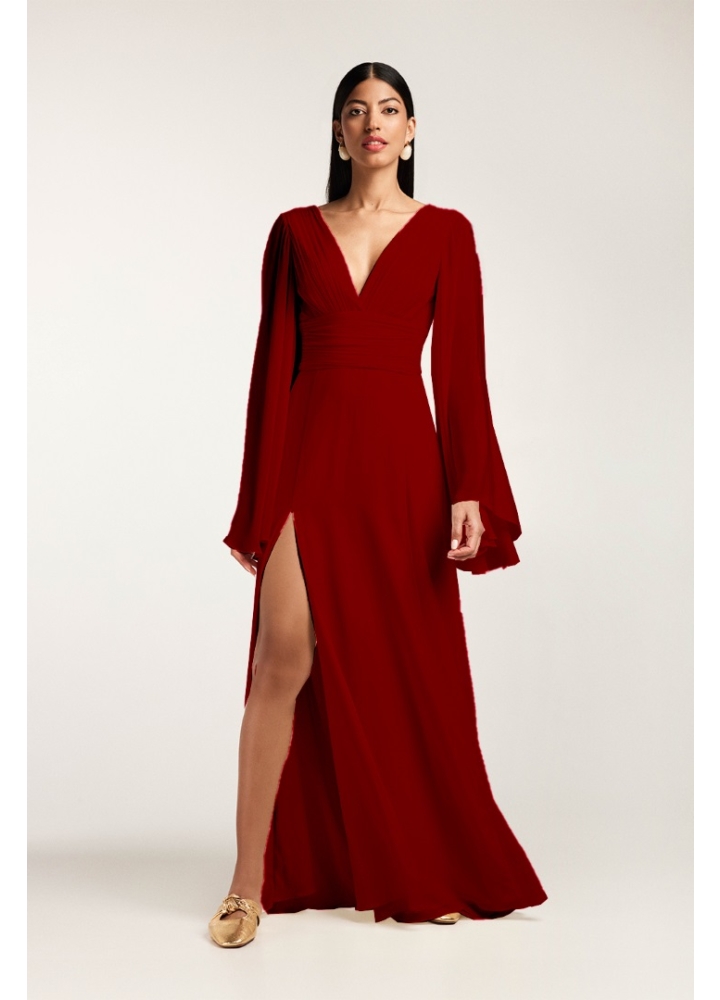 Rochie de seara lunga din matase naturala cu drapaje slit pe picior si maneci lungi Luz