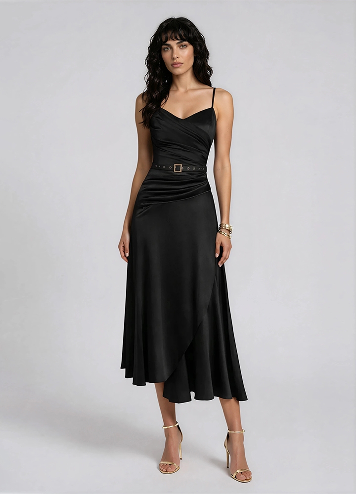 Rochie midi cocktail neagra din matase cu decolteu in V si drapaje Lyre