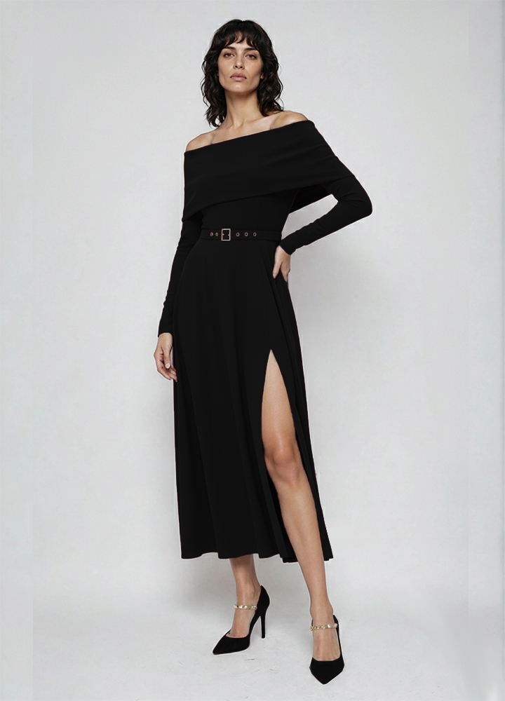 Rochie midi neagra cu decolteu pe umeri si croiala evazata cu slit pe picior Melira