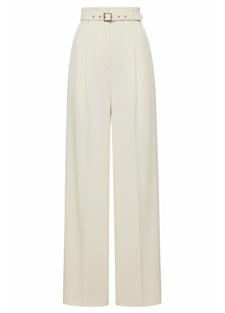 Pantaloni alb ivoire office cu talie inalta si curea Sable