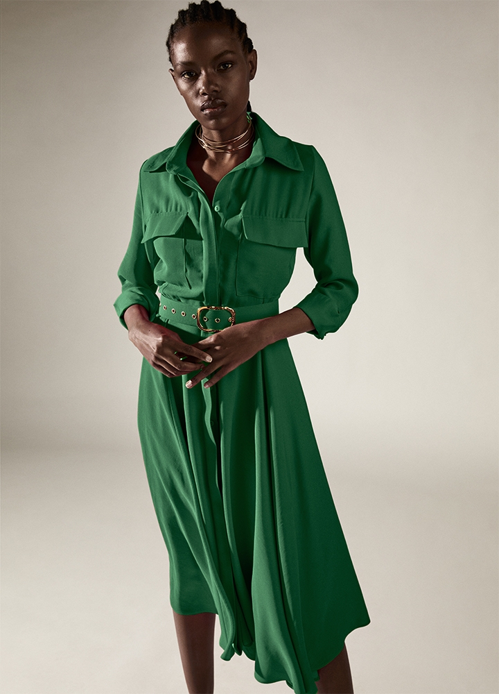 Rochie camasa midi verde cu fusta si curea asortata Patty