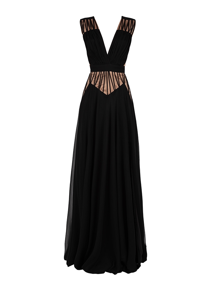 Rochie lunga de seara neagra din matase cu decolteu in V si drapaje Medea
