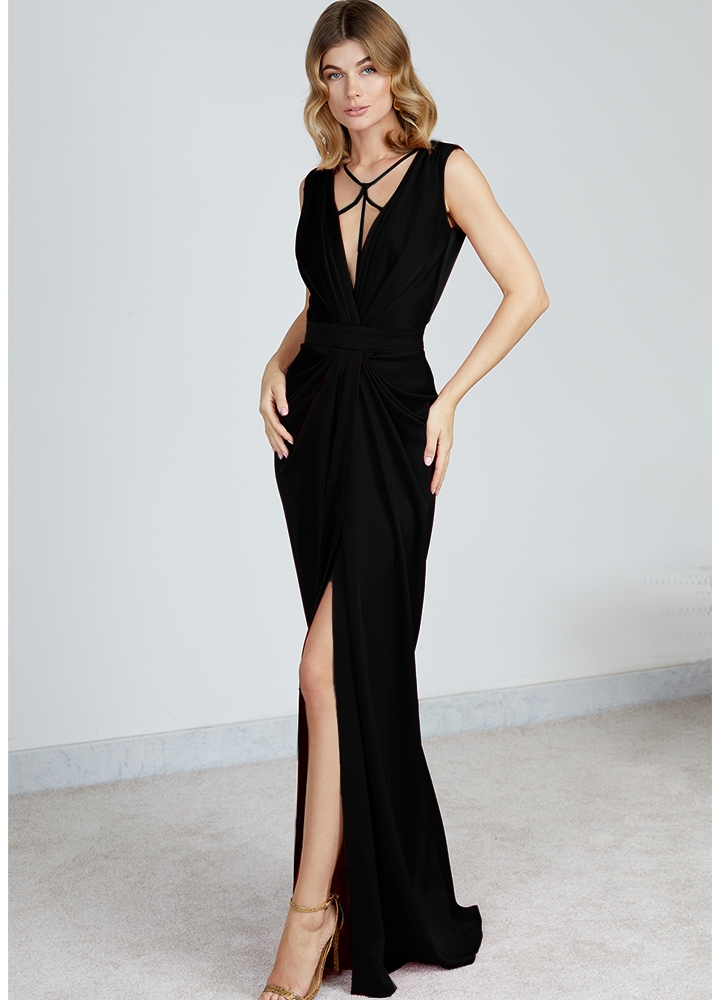 Rochie lunga de seara neagra cu decolteu in V si drapaje Rome