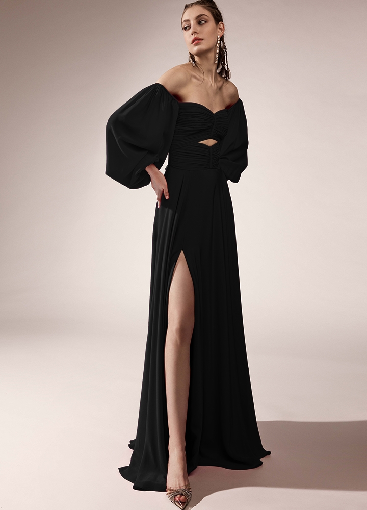 Rochie lunga de seara neagra din matase naturala cu decolteu pe umeri si maneci ample Salome