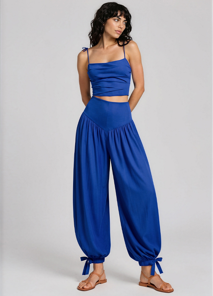 Set albastru din in format din top cu bretele si pantaloni balloon Isabis