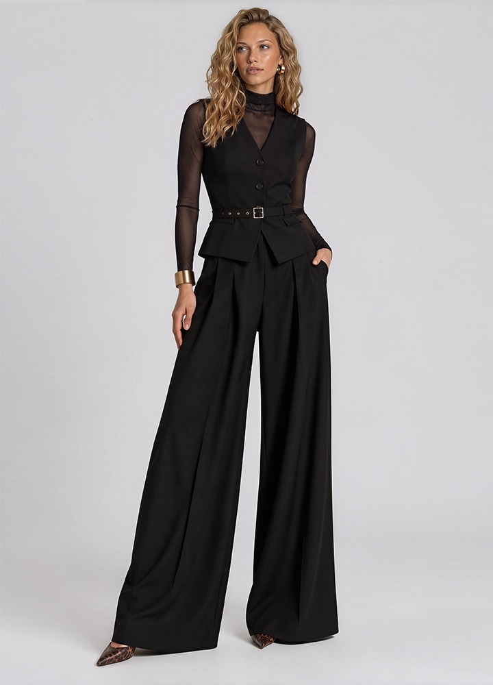 Set negru format din vesta si pantaloni drepti cu pense si buzunare Anika