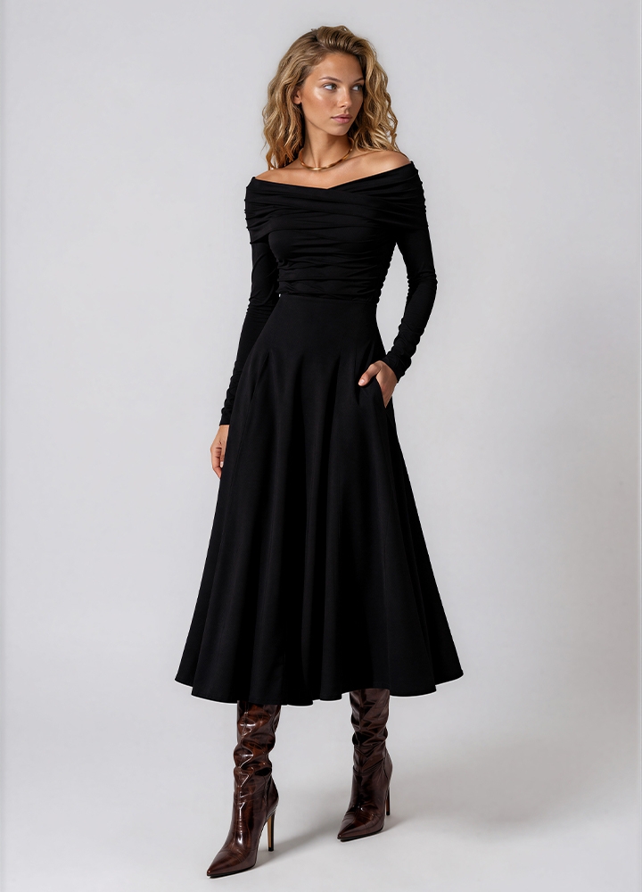 Set negru format din bluza cu drapaje si fusta in clini Kalina