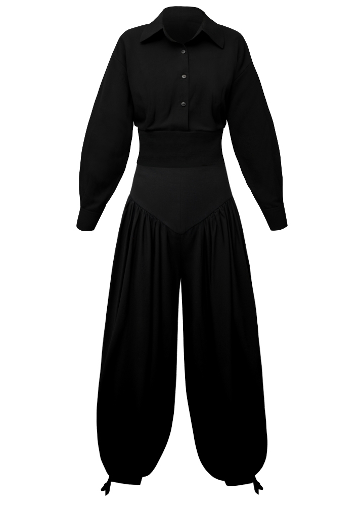 Set negru din bumbac format din camasa cu maneci lungi si pantaloni balon Obsidian