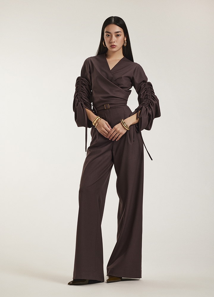 Set maro format din bluza cu maneci ajustabile cu snur si pantalon lung Renata