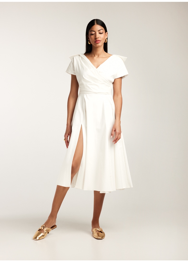 Rochie midi alba din bumbac cu decolteu in V si slit pe picior Angola 