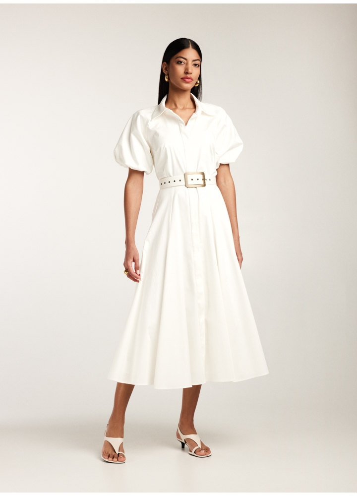 Rochie midi alba din bumbac tip camasa cu  maneci scurte bufante si curea textila Oman 