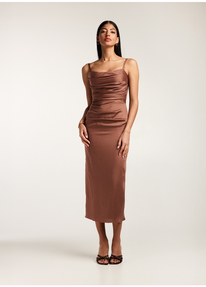 Rochie maro midi din in si vascoza cu drapaje si corset ajustabil Aura