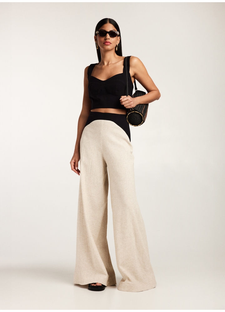Set crem si negru din in cu bumbac texturat format din doua piese: top corset cu bretele si pantaloni lungi cu talie inalta evazati Doha