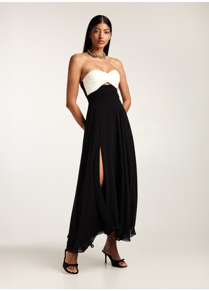 Rochie neagra midi din voal de matase naturala cu corset si fusta cu slit pe picior Otranto