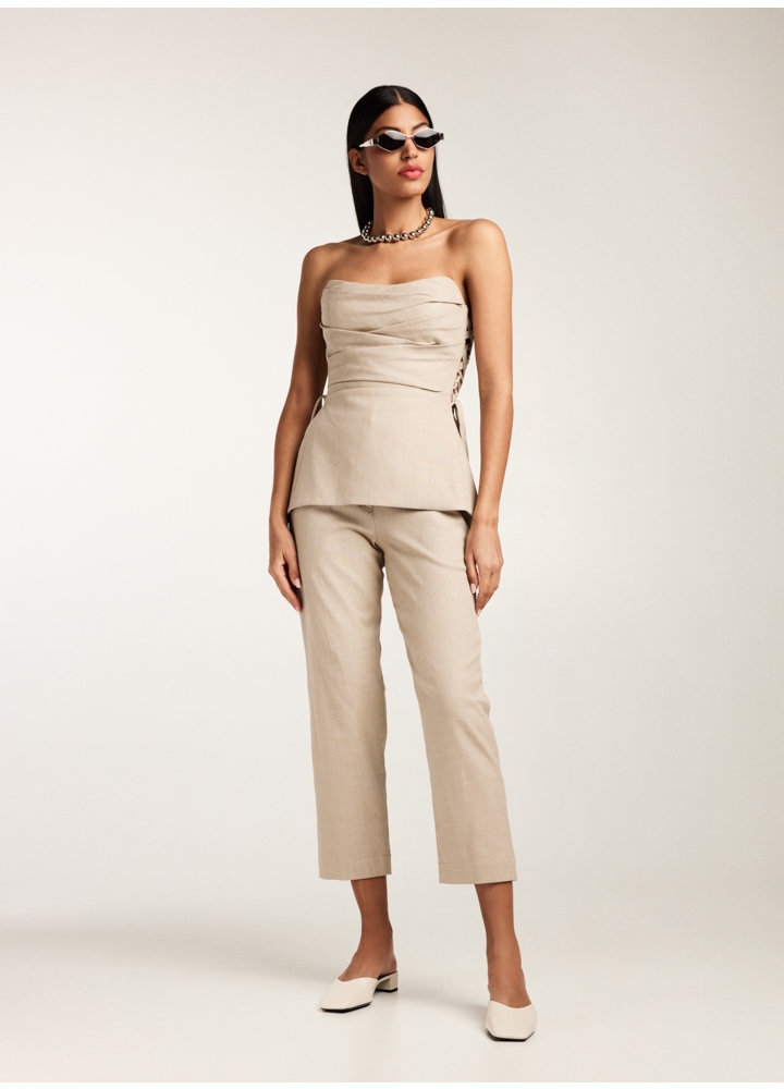 Set crem din bumbac format din doua piese: top corset cu decolteu pe umeri si pantaloni lungi Taormina