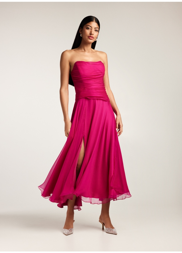 Rochie cocktail midi roz magenta din voal de matase cu drapaje si corset Pixie