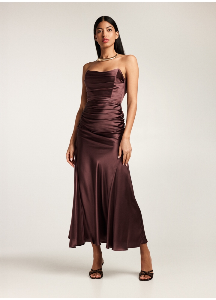 Rochie maro midi din matase satinata cu drapaje si corset ajustabil Volta