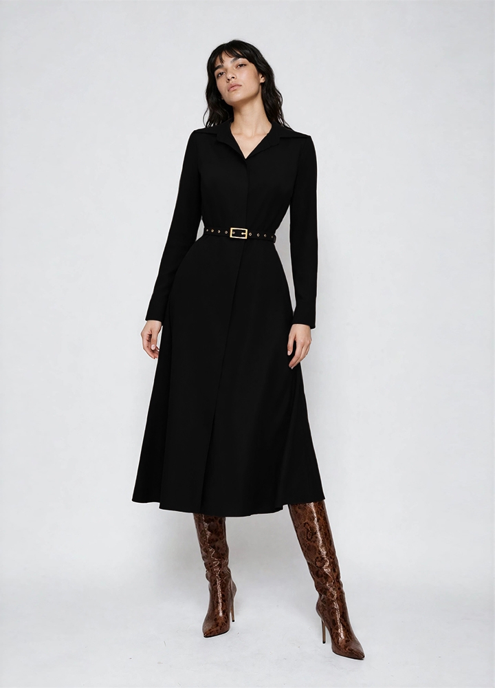 Rochie camasa neagra midi din viscoza cu maneci lungi si curea textila Sylvie