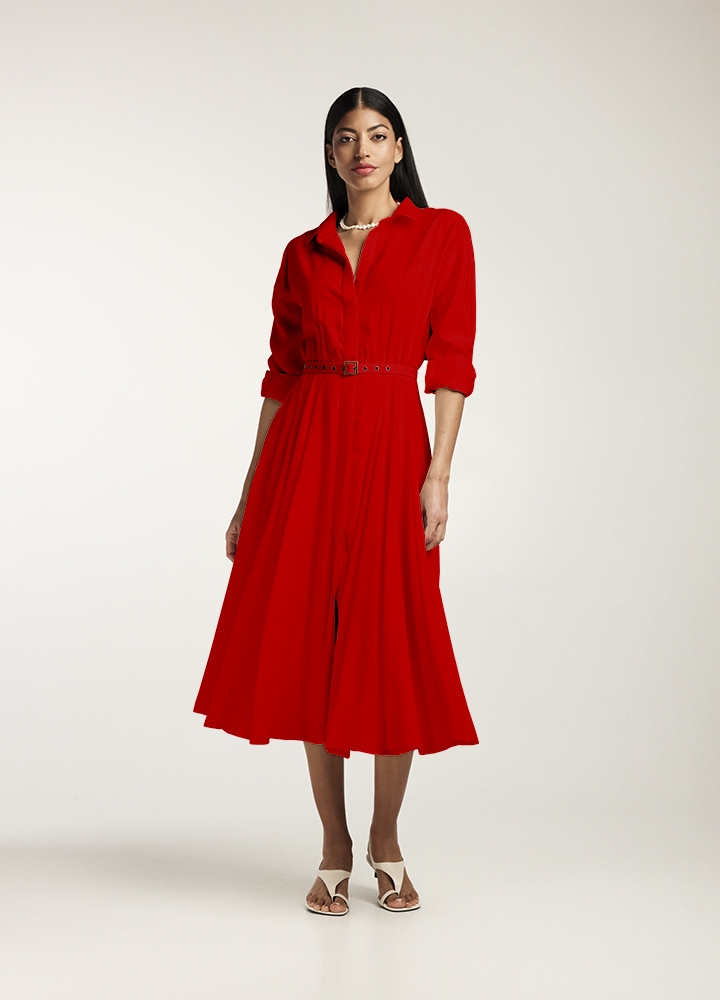 Rochie midi rosie  din vascoza tip camasa cu maneci lungi si curea asortata Vera